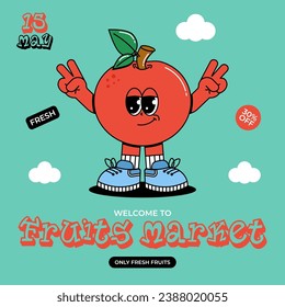 Cute character Apple in groovy cartoon style. Vintage mascot card with psychedelic smile and emotion. 70s, 80s retro vibes. Funky vector illustration