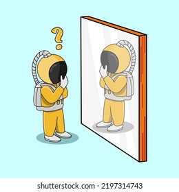 cute character, astronaut is looking in the mirror, suitable for children's books, icons, social media feeds and others