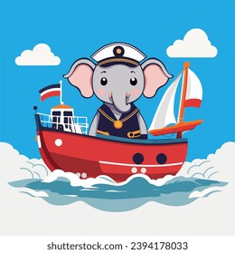 Cute-Charakter Baby-Elefant-Seemann auf dem Schiff, Vektorgrafik