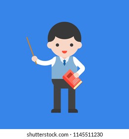 Cute character back to school theme, teacher pointer and book in flat design