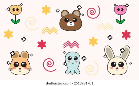 Fundo bonito de ursos, gatos, coelhos, polvos, flores e hamsters