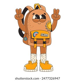 Cute character backpack in trendy retro groovy style shows a gesture of peace. The concept of learning and back to school.