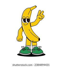 Cute character Banana in groovy cartoon style. Trendy and modern illustration with funky comic mascot. Yellow color of fruit. 70s, 80s retro vibes. Vector illustration