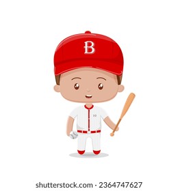 Un personaje adorable de un niño que juega al béisbol con uniforme de equipo, usando un sombrero rojo, sosteniendo un bate y una pelota de béisbol