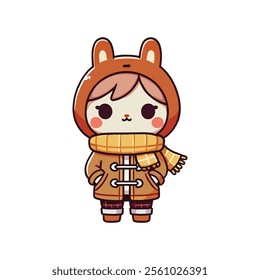 Cute character in a bear hoodie with a scarf, ready for winter.