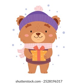 Cute character bear wearing hat and scarf holding present.