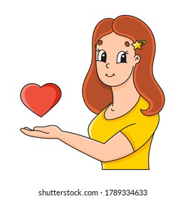 Cute character. Beautiful smiling young woman. Colorful vector illustration. Cartoon style. Isolated on white background. Design element.