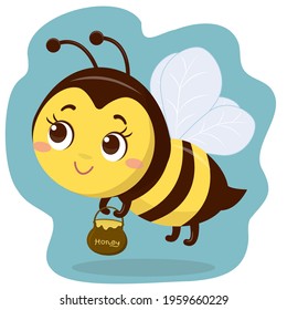 Cute character bee is flying and holding a pot of honey. Cartoon style, vector.