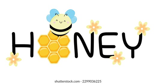 cute character bee Isolated vector with nectar, flowers and text Honey on white background.