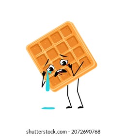 Cute character belgian waffle with crying and tears emotion, sad face, depressive eyes, arms and legs. Baking person, dessert with melancholy expression. Vector flat illustration