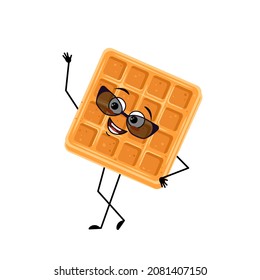 Cute character belgian waffle with happy emotions, face, smile, eyes, arms and legs. Cheerful baking person, dessert with joyful expression. Vector flat illustration