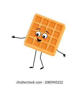 Cute character belgian waffle with happy emotions, face, smile, eyes, arms and legs. Cheerful baking person, dessert with joyful expression. Vector flat illustration