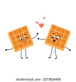 Cute character belgian waffle with love emotions, smile face, arms and legs. Cheerful baking person, dessert with loving expression. Vector flat illustration