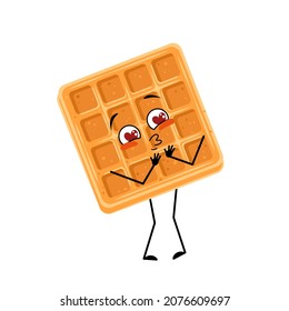 Cute character belgian waffle with love emotions, smile face, arms and legs. Cheerful baking person, dessert with loving expression. Vector flat illustration