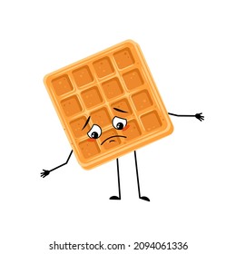 Cute character belgian waffle with sad emotions, depressed face, down eyes, arms and legs. Baking person, dessert with melancholy expression. Vector flat illustration
