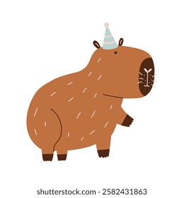 Cute Character Birthday Capybara. Capibara Mascot Kawaii. Hand Drawn Flat Vector Illustration