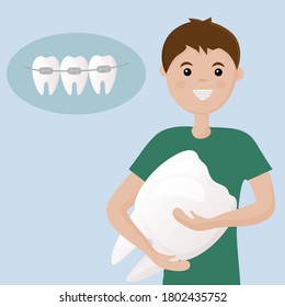 Cute character boy, with braces on his teeth, rejoices in a healthy smile.  Banner for advertising children's dental clinic. Dental care - orthodontic treatment and straightening of teeth. Flat vector