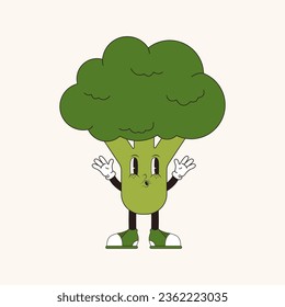 Cute character broccoli in trendy groovy retro 70s style. Vector illustration