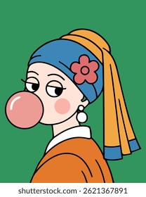 
Niedlicher Charakter mit Kaugummi und Kopftuch im flachen Pop Art Style