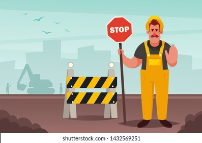 Cute Character. Builder with Stop Sign. Road Works Concept. Vector Illustration