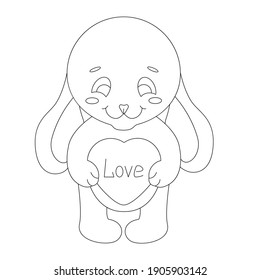 Cute character bunny with a heart in his paws and the inscription love. Can be used as a sticker. Black and white vector linear image. Ideal for love cards and for the holidays for loved ones.