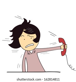 Cute character business woman being yelled on phone and she holding the phone away from her ears. Business concept in office communication. 