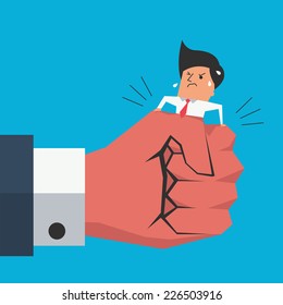 Cute character businessman being squeezing by big business hand. Business concept in trouble or danger situation. 