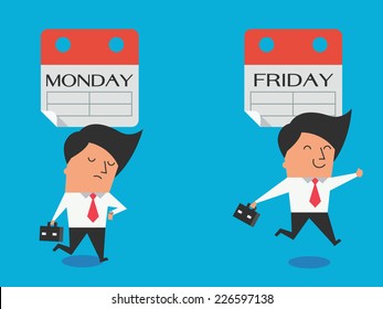 Cute character of businessman expressing feeling and emotion to Monday and Friday in different gesture, feel bad and happy. Flat design. 