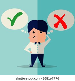 Cute character of businessman making decision between yes or no