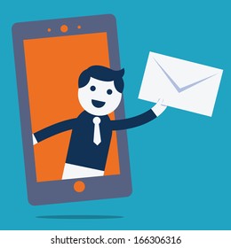 Cute character businessman, standing on screen of smart phone, holding envelop and showing in concept of you've got mail. 