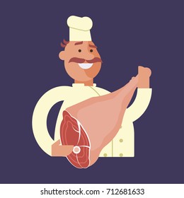 Cute character Butcher and with pork leg. Cartoon vector illustration eps 10