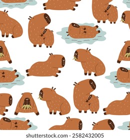 Cute Character Capibara Seamless Pattern. Capybara Mascot Kawaii Background. Hand Drawn Flat Vector Wallpaper