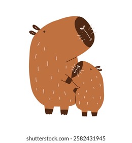 Cute Character Capybara Family. Capibara Mascot Kawaii Mother and Baby. Hand Drawn Flat Vector Illustration