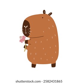 Cute Character Capybara with Flower. Capibara Mascot Kawaii with Chamomile. Hand Drawn Flat Vector Illustration