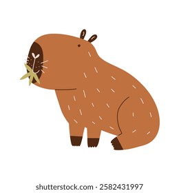 Cute Character Capybara with Grass. Capibara Mascot Kawaii. Hand Drawn Flat Vector Illustration