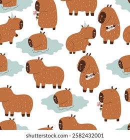 Cute Character Capybara Seamless Pattern. Capibara Mascot Kawaii Background. Hand Drawn Flat Vector Wallpaper