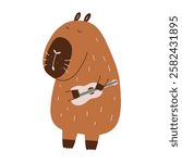 Cute Character Capybara with Ukulele. Capibara Music Mascot Kawaii with Guitar. Hand Drawn Flat Vector Illustration