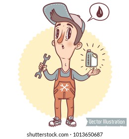 Cute character car mechanic holding in left hand key and auto oil in his right hand. Image for site, advertising, banner, poster, calendar. Image for print on T-shirts. Isolated Vector Illustration