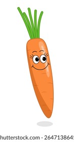 Cute character carrot with cut leaves on white background. Summer vegetables. Vector illustration for children's book, animated, print.