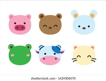 Cute Character Cartoon Animals Set  Cartoon on white Backgrund, Vector illustration. Pig, Bunny, Bear, Frog, Cow, Cat.