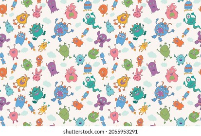 Cute character cartoon baby alien. Vector seamless pattern. Amusing baby beast. Bizarre and funny monster. Fantasy creatures.Funny colorful and hand drawn abominable beasts