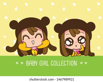 Cute Character Cartoon Baby girl collection, a cute Cartoon Girl feel hug and sad. Vector, illustration.