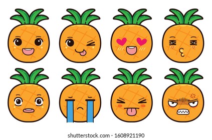 Cute Character Cartoon Baby Pineapple Emojis, Smiling, Love, Mini Heart, Sad, Cry, Moody, Angry, Vector illustration isolated on white background