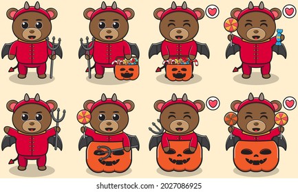 Cute Character Cartoon of Bear with Devil costume halloween set. Good for icon, label, sticker, clipart. Vector illustration.