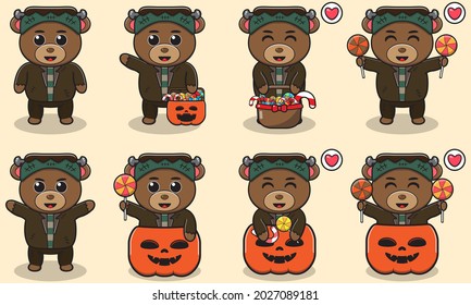 Cute Character Cartoon of Bear with Frankenstein costume halloween set. Good for icon, label, sticker, clipart. Vector illustration.