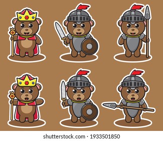 Cute Character Cartoon of Bear King and Knight set. Good for icon, logo, label, sticker, clipart.