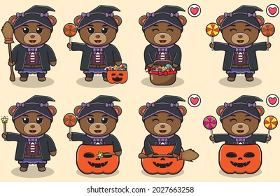 Cute Character Cartoon of Bear with Witch costume halloween set. Good for icon, label, sticker, clipart. Vector illustration.