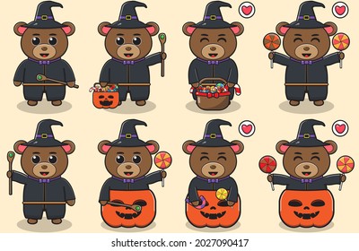 Cute Character Cartoon of Bear with Wizard costume halloween set. Good for icon, label, sticker, clipart. Vector illustration.
