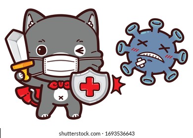 Cute Character Cartoon Black Cat wearing a mask for protection from Coronavirus (COVID-19) ready to fight virus. Hero battle versus coronavirus (Covid-19) symptoms, viral infection, flat illustration concept.