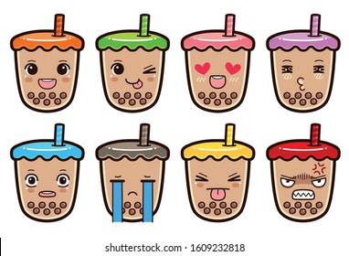 Cute Character Cartoon Boba Bubble Milk Tea, black pearls is Taiwanese famous and popular drink, Kawaii Emoji Set, Vectors.